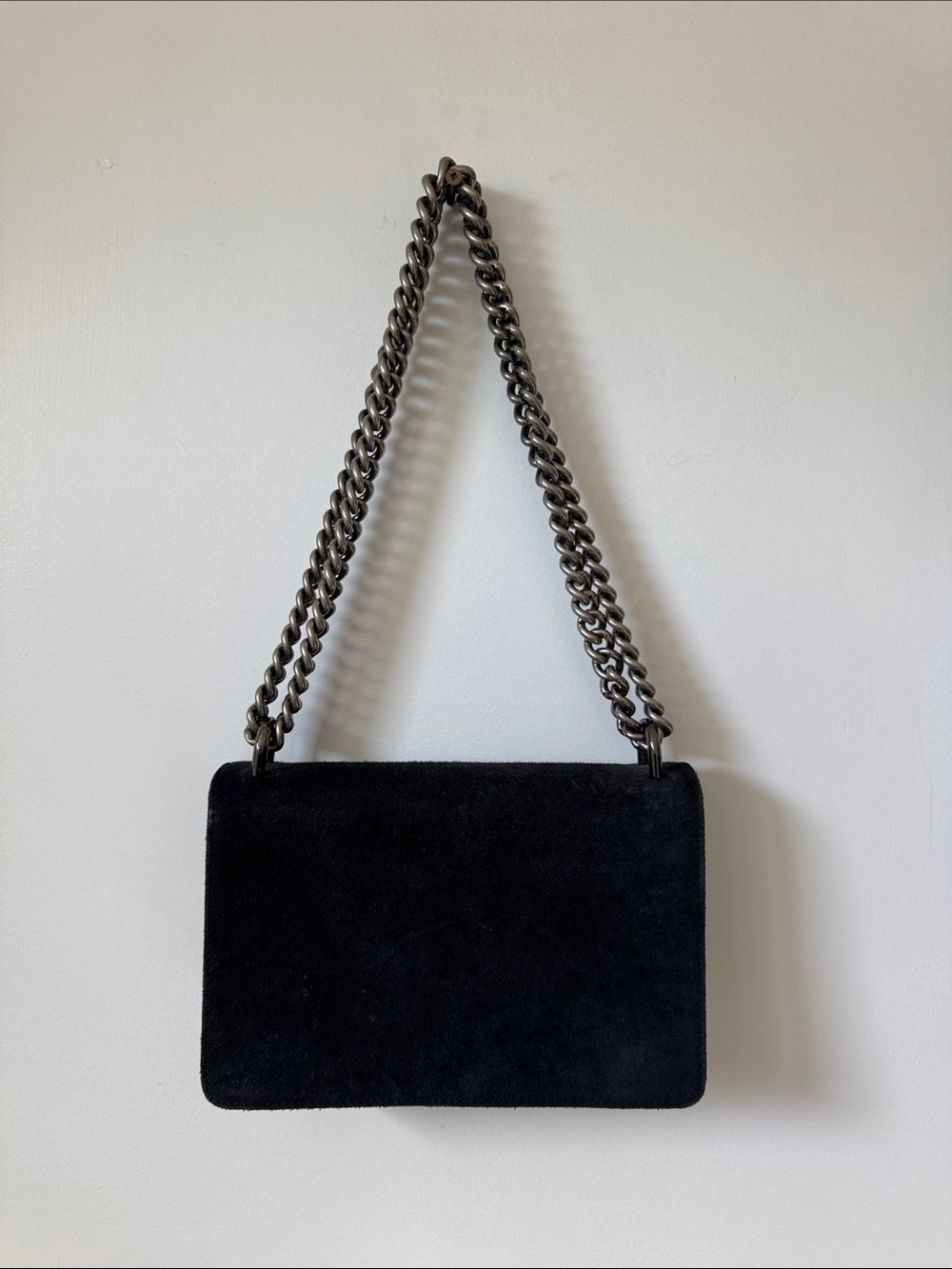 Black Suede Shoulder Bag with Gunmetal Chain Strap